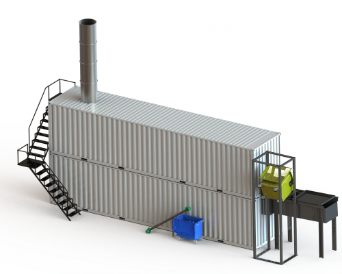 Containerised high capacity incinerator with ram charger and bin tipper drawing