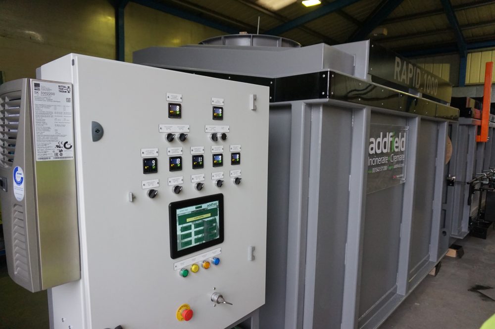 Rapid1000 agricultural incinerator and Air Conditioned PLC Controller