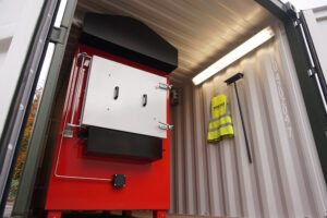 Containerised medical incinerator for mixed medical waste.