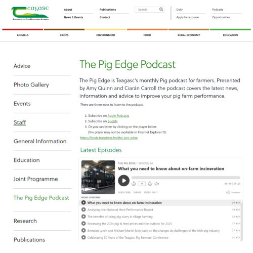Screenshot of Teagasc website for Pig Edge Podcast with Derek from Addfield